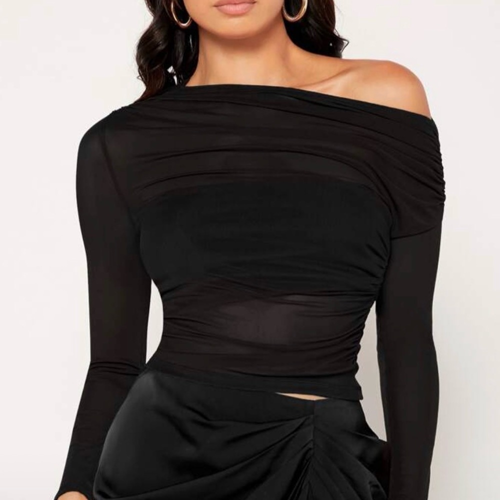 Black Asymmetrical Neck Ruched Mesh Top